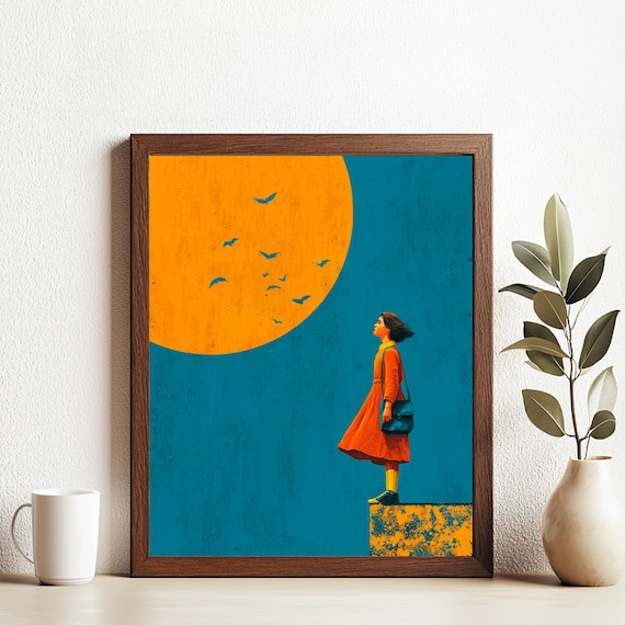 Surreal Mid Century Modern Wall Art Woman Journey Poster Retro Geometric Abstract Feminine 4x5 Ratio