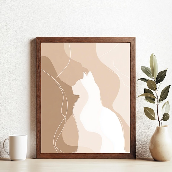Minimalist Cat Silhouette Beige Boho Abstract Feline Wall Art