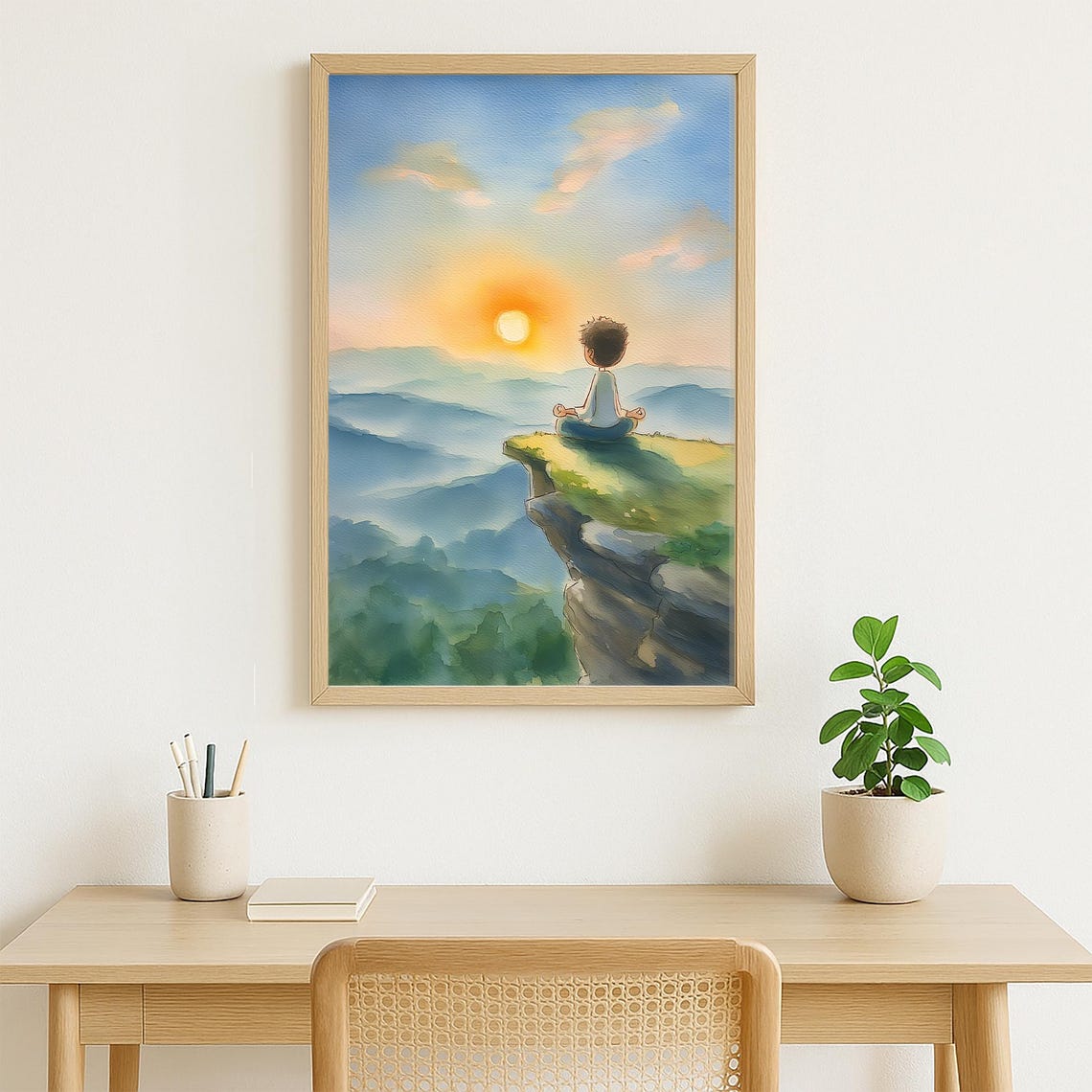 Boy Meditating Sunrise Cliff Misty Mountains Watercolor Poster - Image 4