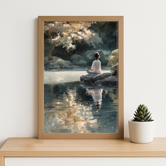 Lake Meditation Watercolor Wall Art Serene Zen Landscape Print For Yoga Studio Wellness Room Or Natureinspired Gift Dcor