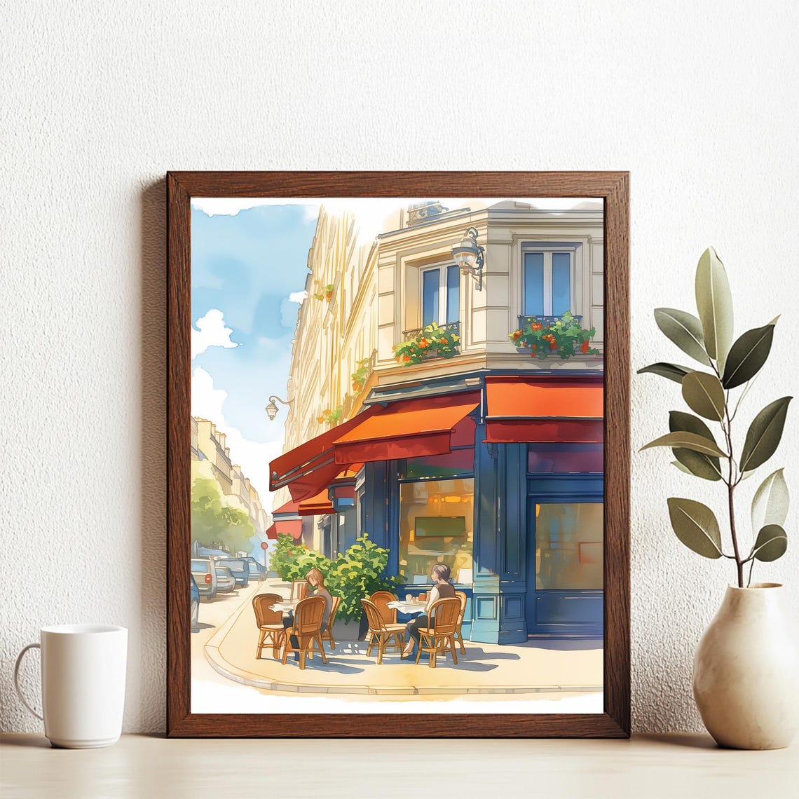 Paris Corner Bistro With Red Awnings and Outdoor Seating Poster