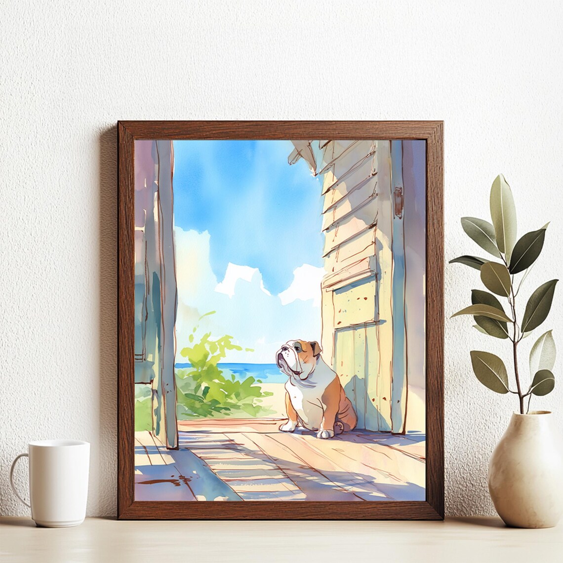 English Bulldog Watercolor Beach Doorway Seaside Scene Poster
