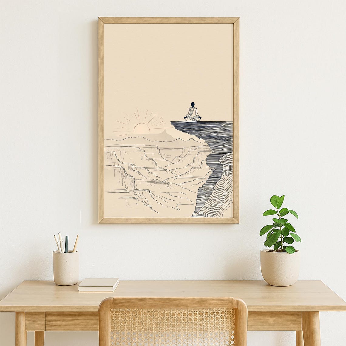 Man Meditating On Canyon Cliff Edge Sunrise Minimalist Line Poster - Image 4