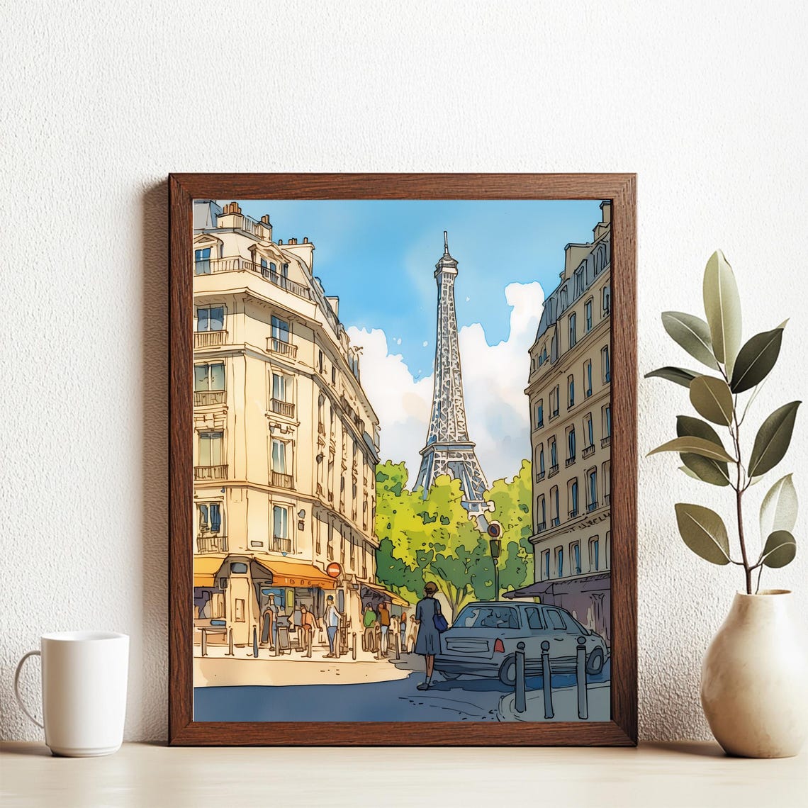 Sunny Paris Street Scene With Eiffel Tower Over Cafes Poster