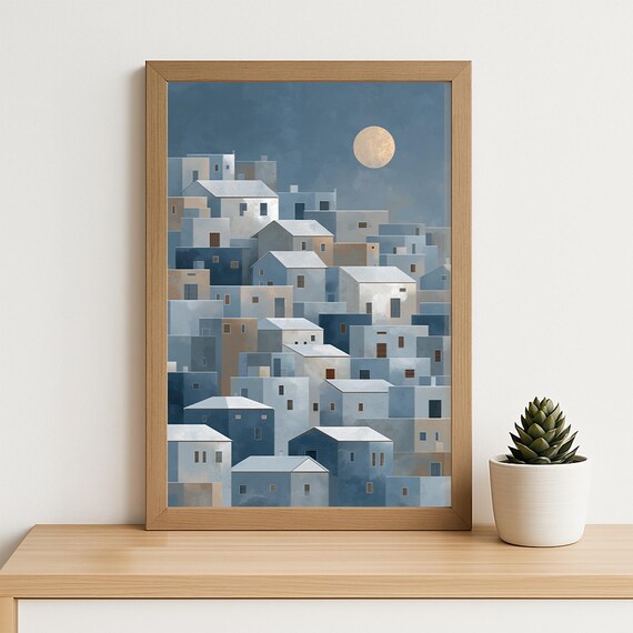 Moonlit Geometric Whitewashed Old Town Night Cityscape Art Poster