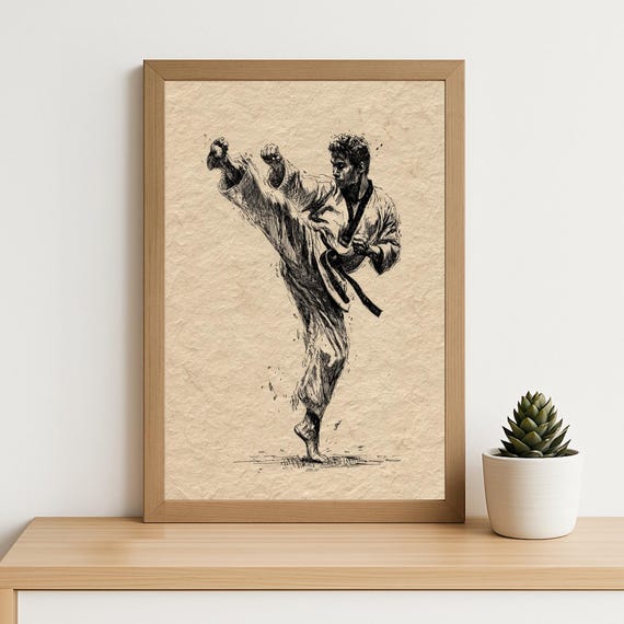 Taekwondo Martial Arts Sketch Poster Korean Karate Kick Drawing Wall Art Athlete Gift Dojang Decor For Fighters
