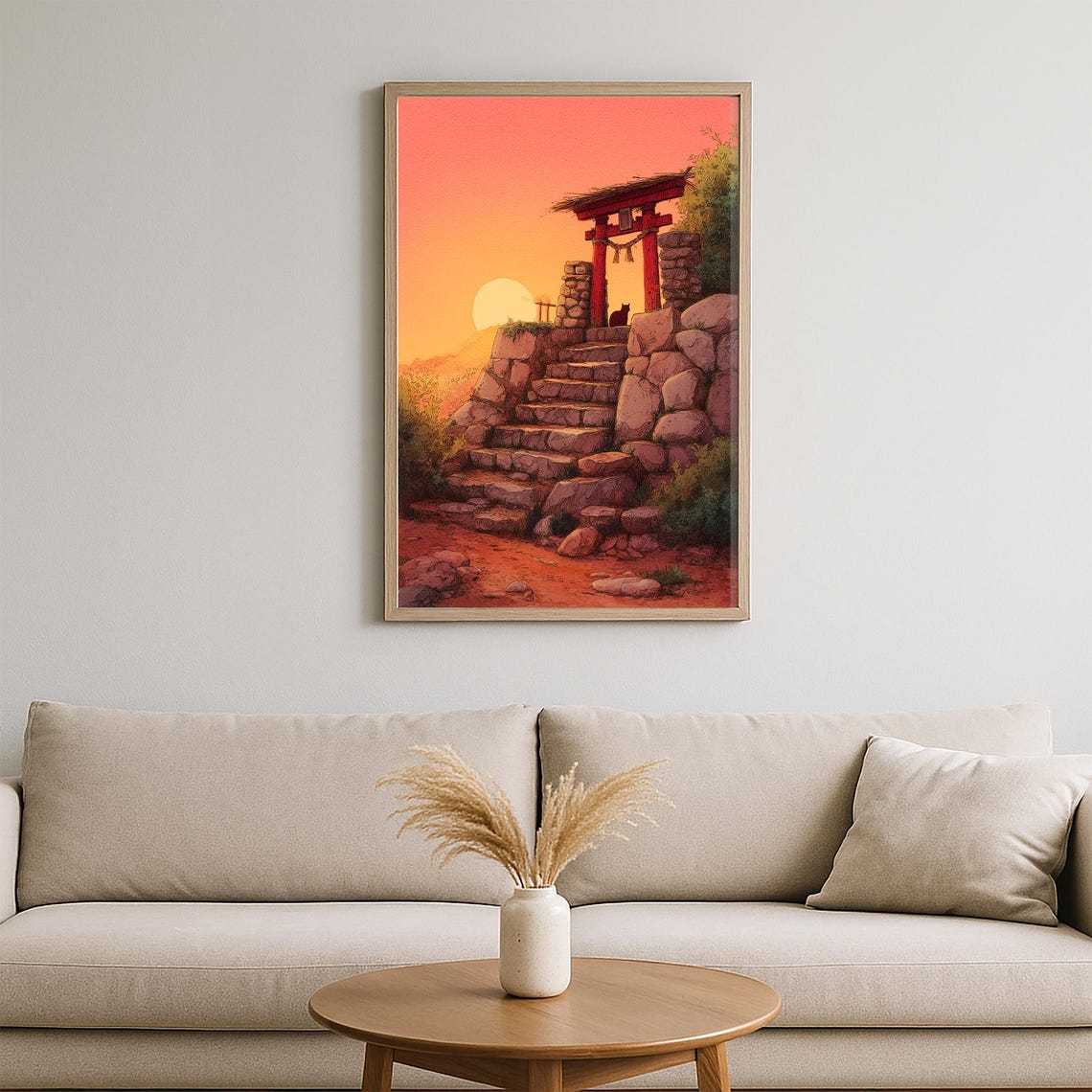 Japanese Shrine Sunset Red Torii Gate With Cat on Stone Steps Poster - Image 2