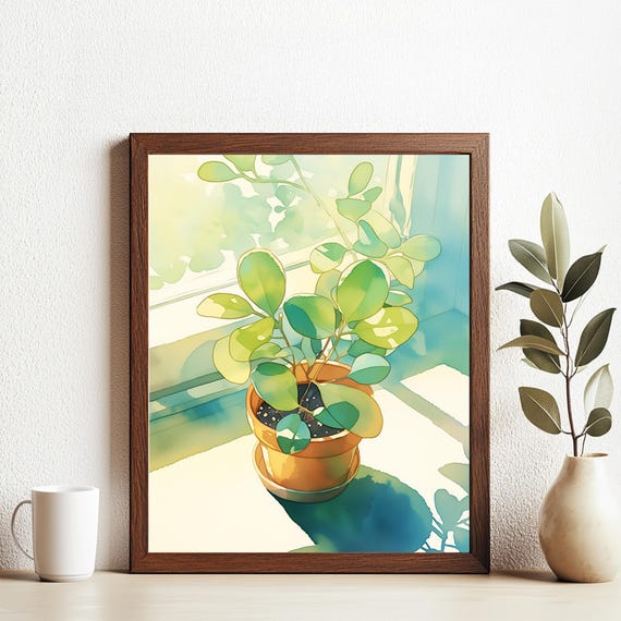 Green Leaf Plant Pot Near The Window, Watercolor