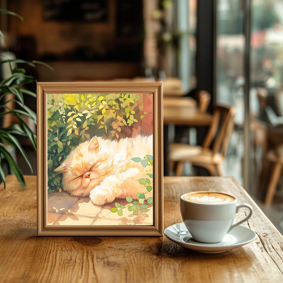 Fluffy White Cat Napping in Sunlight Watercolor Animal Poster - Image 2