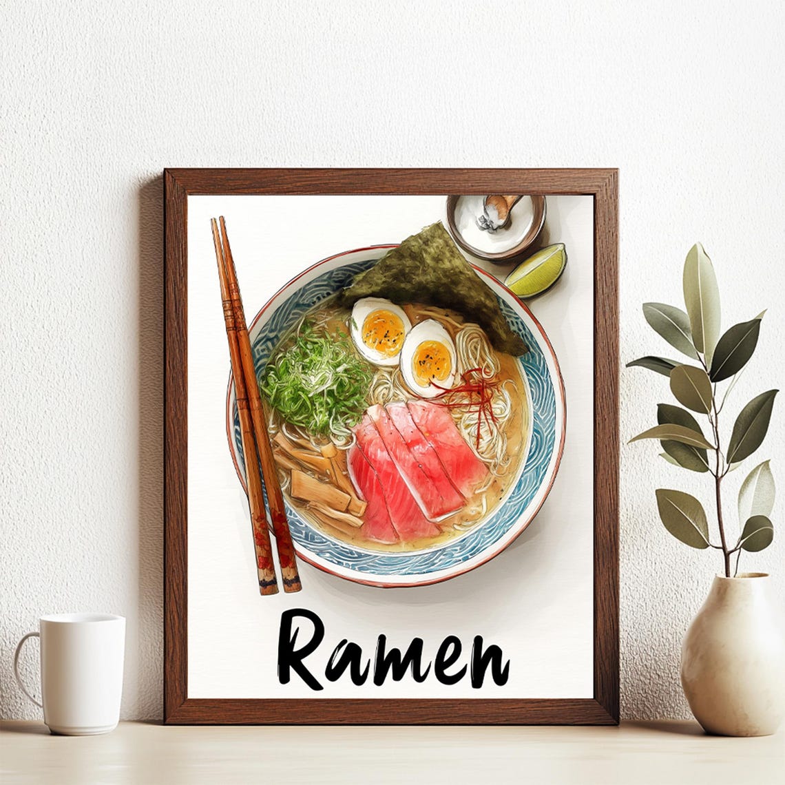 Ramen Bowl Overhead Illustration Chopsticks Egg Noodles Print