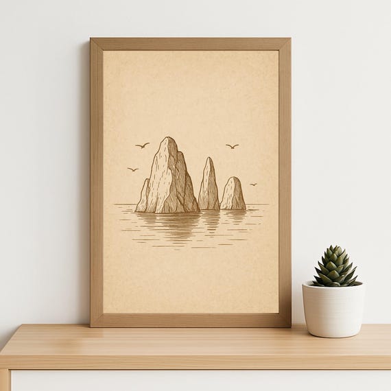 Vintage Sea Rock Illustration Print Minimalist Line Art Coastal Wall Decor Retro Ocean Drawing Artwork