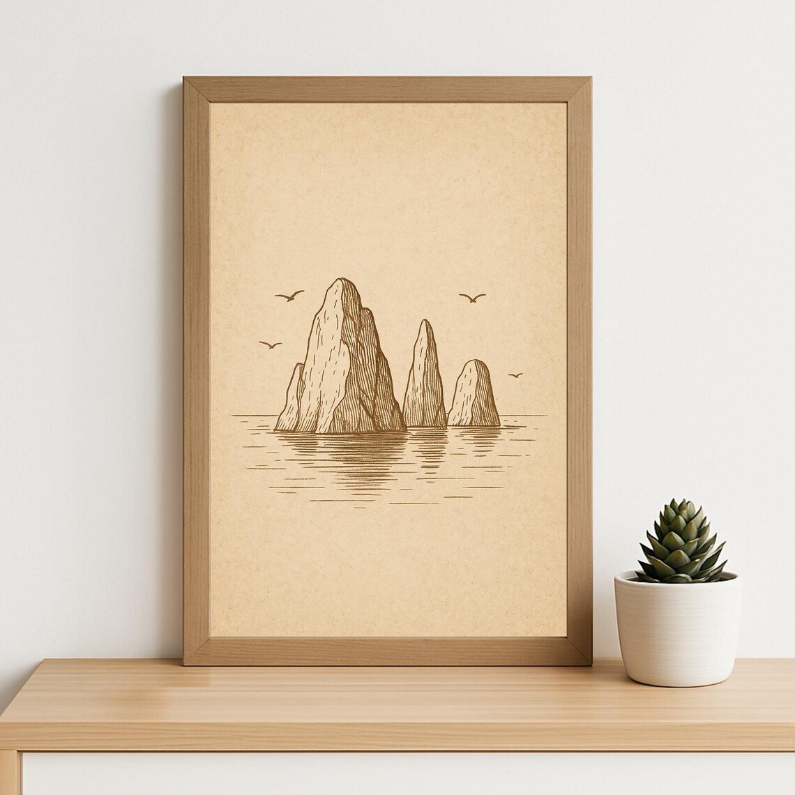 Vintage Sea Rock Formation Line Art Poster with Seagulls and Ocean Waves