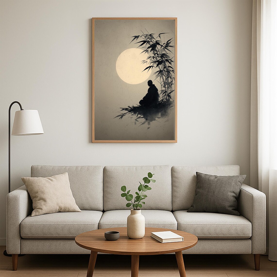 Zen Monk Bamboo Moon Japanese Ink Wash Poster - Image 5