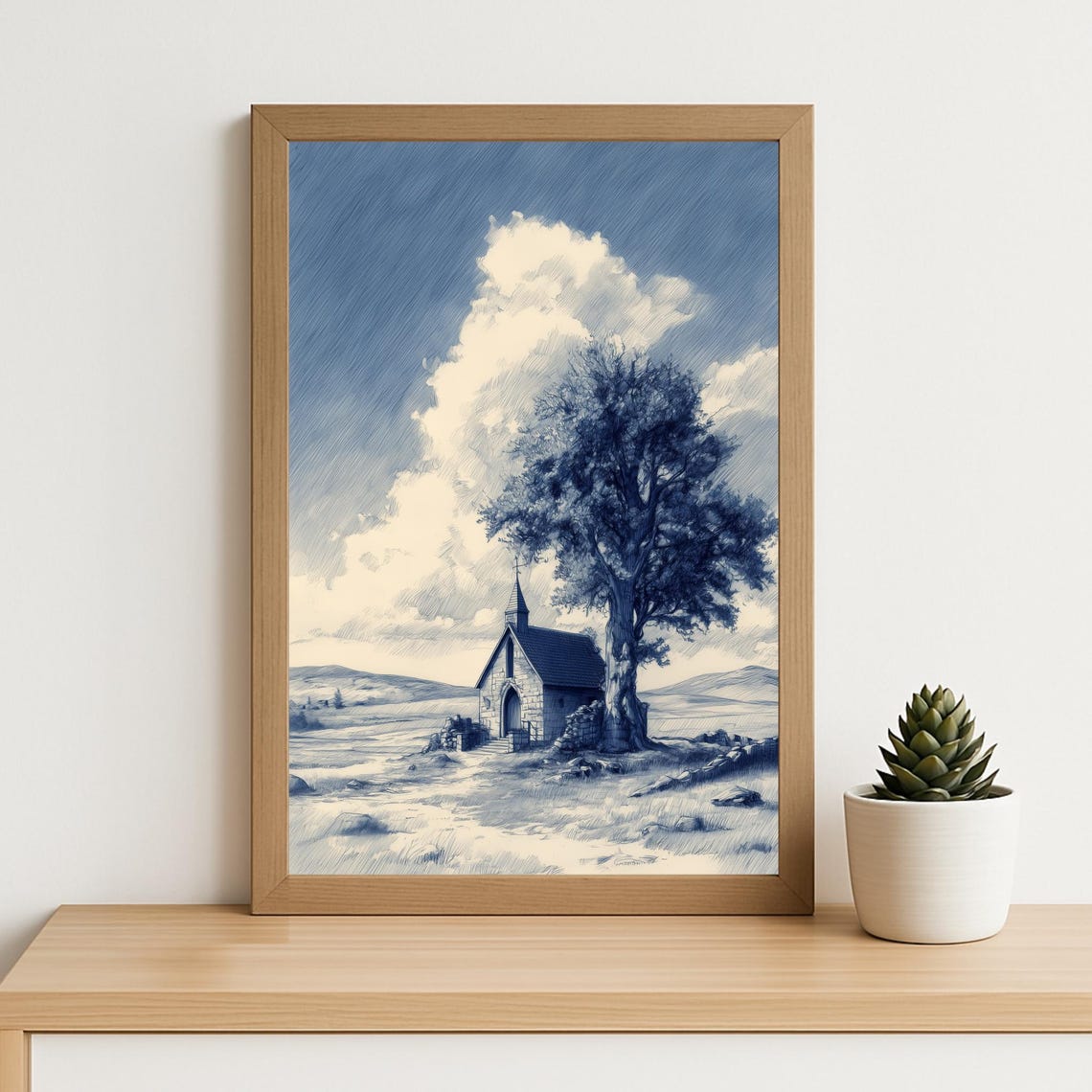 Vintage Chapel Ink Drawing Blue Monochrome Countryside Sketch Wall Art