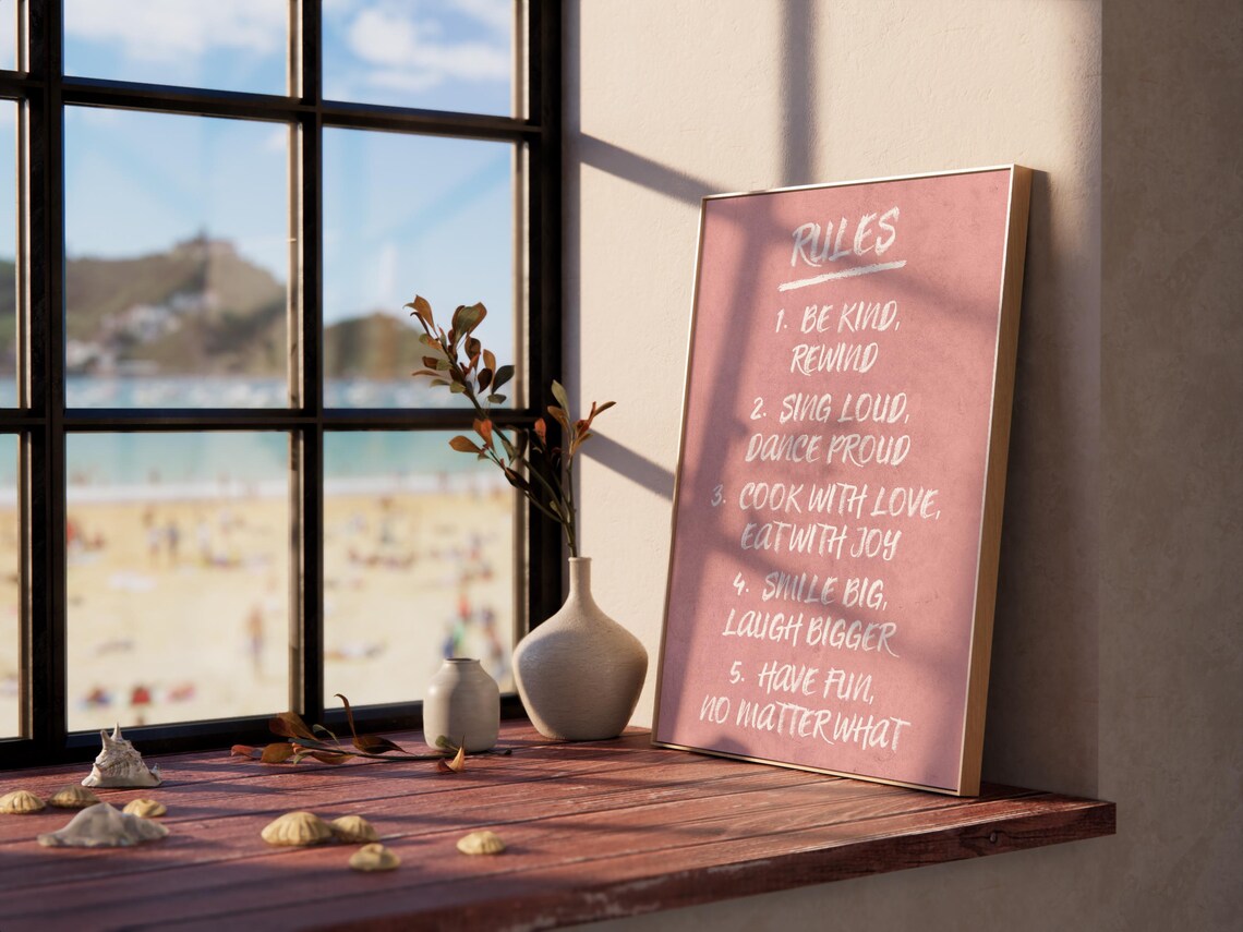 Happy Pink House Rules Be Kind Rewind Family Fun Quote Poster - Image 2
