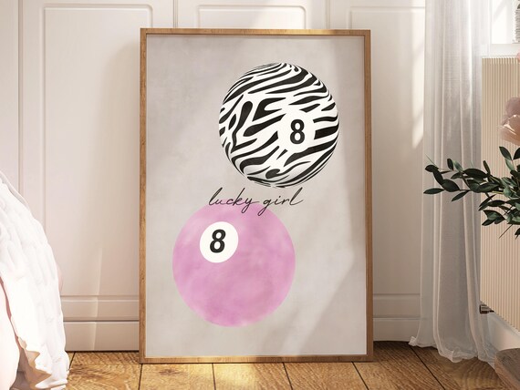 Lucky Girl Zebra 8 Ball Pink Watercolor Y2K Trendy Room Poster