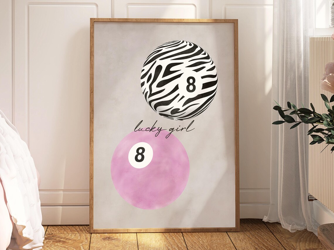 Lucky Girl Zebra 8 Ball Pink Watercolor Y2K Trendy Room Poster