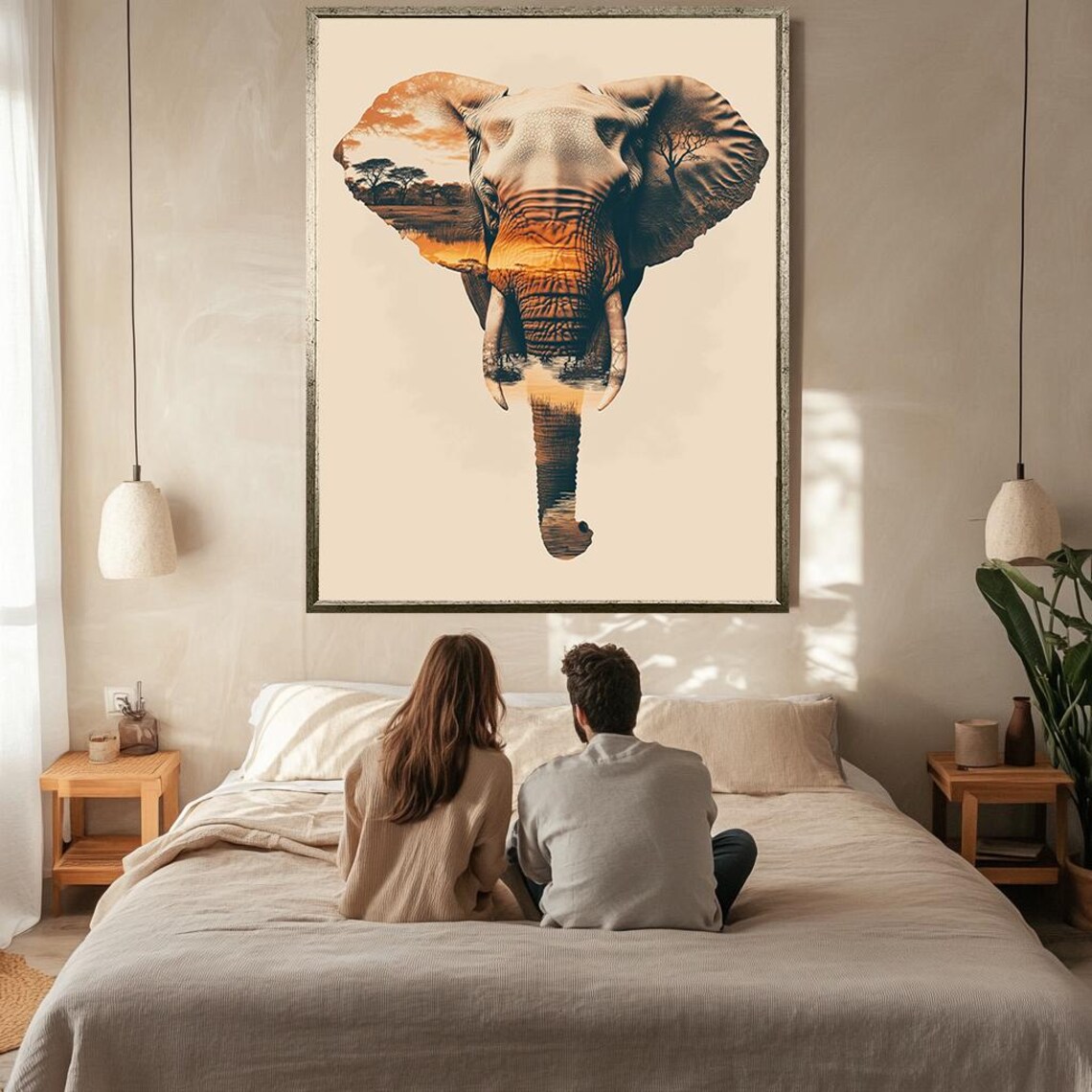 Elephant Double Exposure African Savanna Sunset Wildlife Poster - Image 2