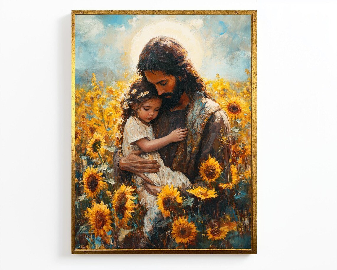 Jesus Embracing Child In Golden Sunflower Field Tender Christian Poster - Image 4