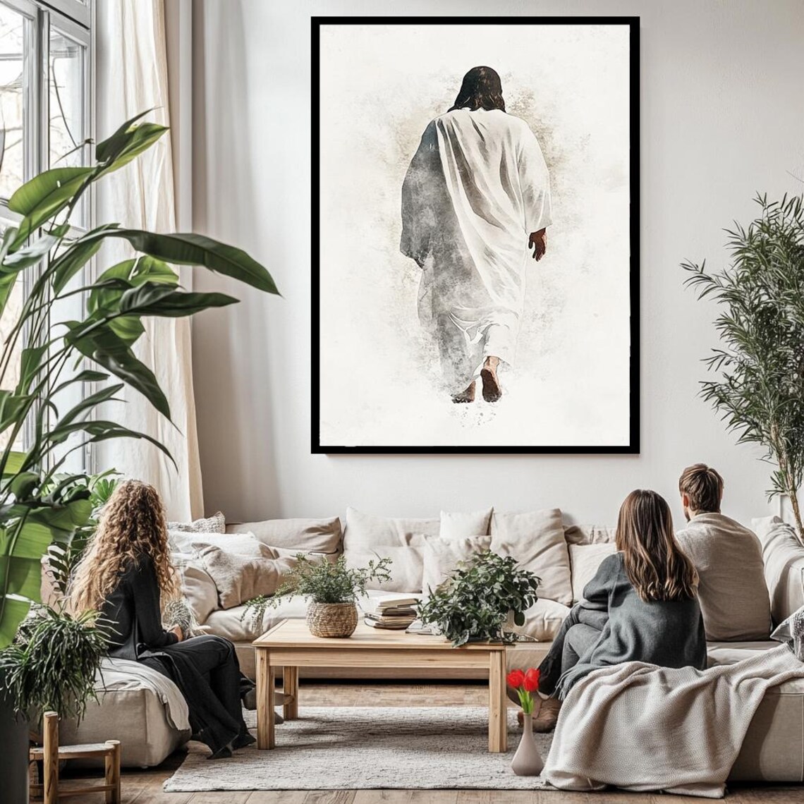 Jesus Walking Away Watercolor White Robe Minimalist White Background Poster - Image 3
