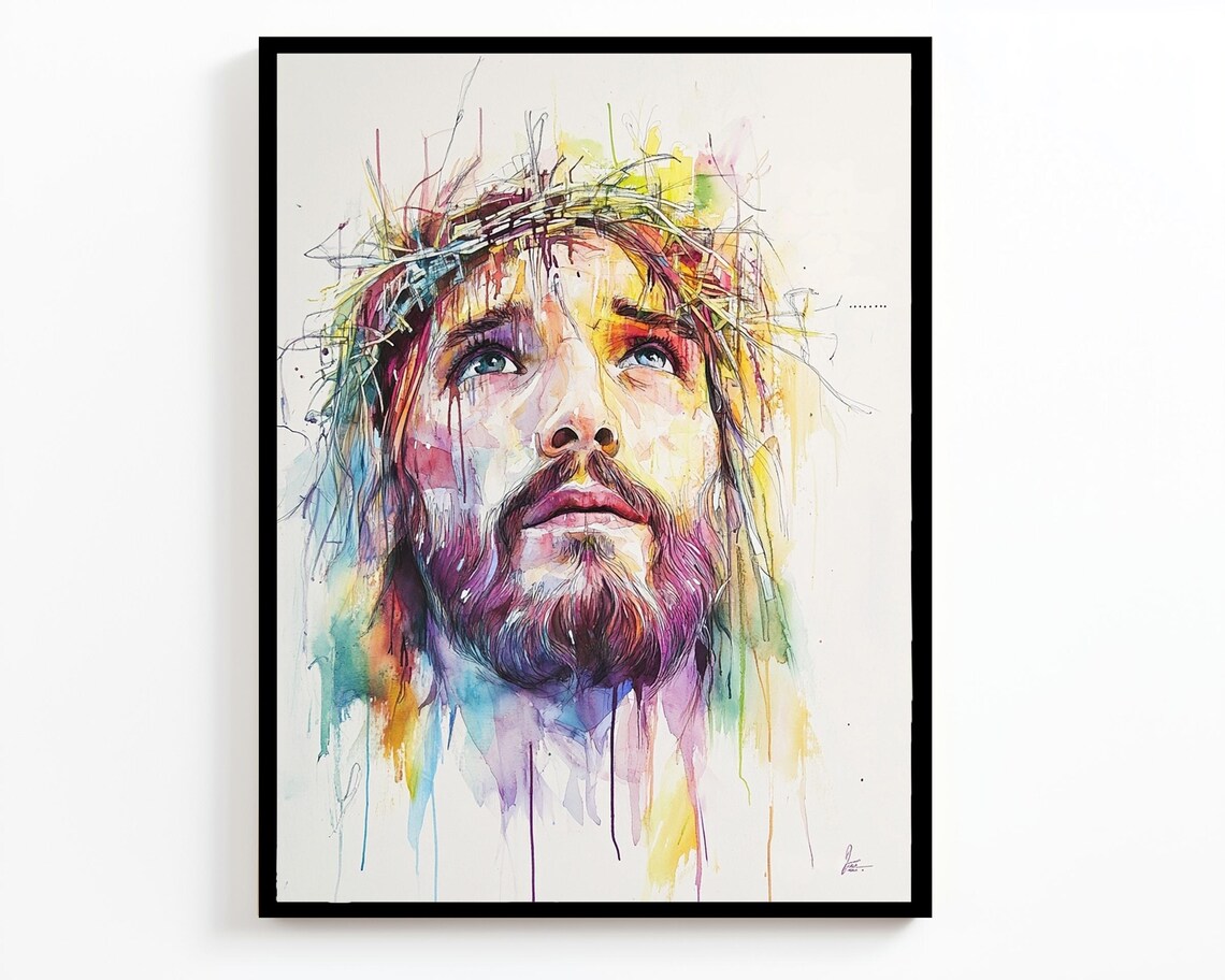 Jesus Wearing Crown Of Thorns Colorful Watercolor Looking Up Poster - Image 4