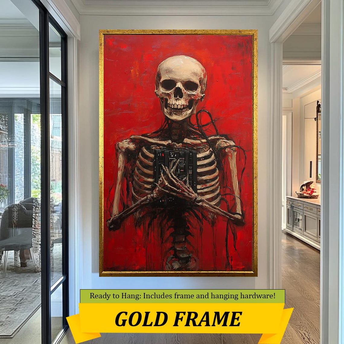 Dark Surreal Skeleton Holding Boombox Red Background Gothic Poster - Image 5