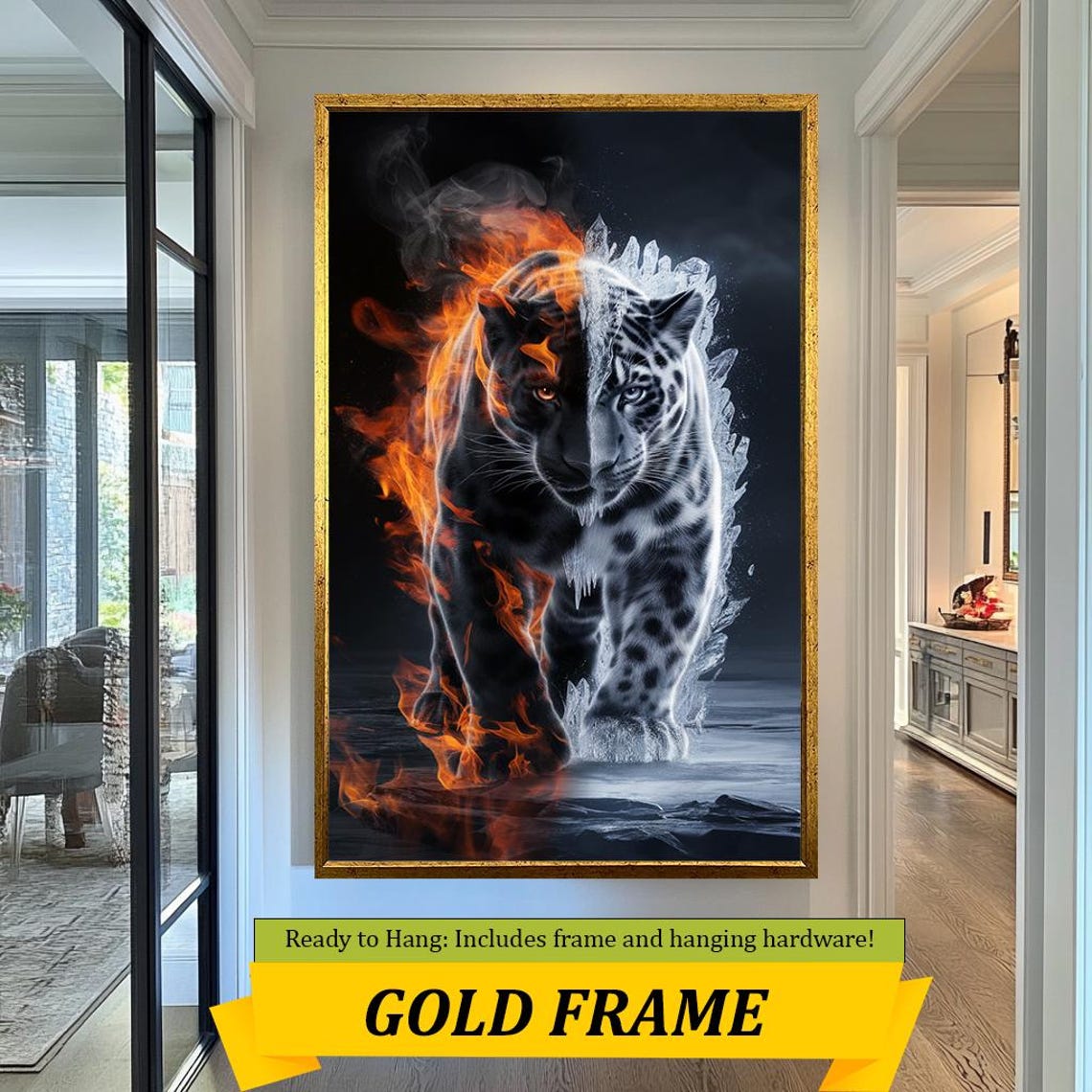 Fire And Ice Tiger Flames Frost Split Dramatic Wildlife Wall Art - Image 5
