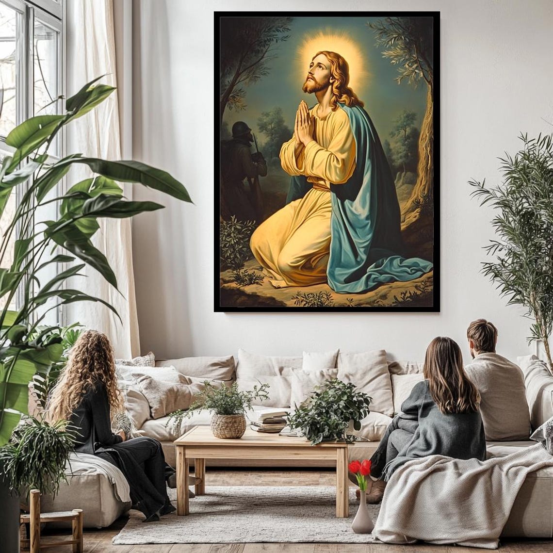 Jesus Christ Praying Gethsemane Halo Kneeling Devotion Art Wall Poster - Image 3