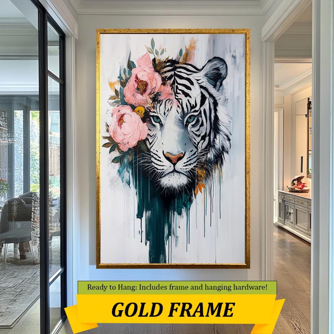 White Tiger Floral Crown Pink Flowers Dripping Paint Wildlife Poster - Image 5