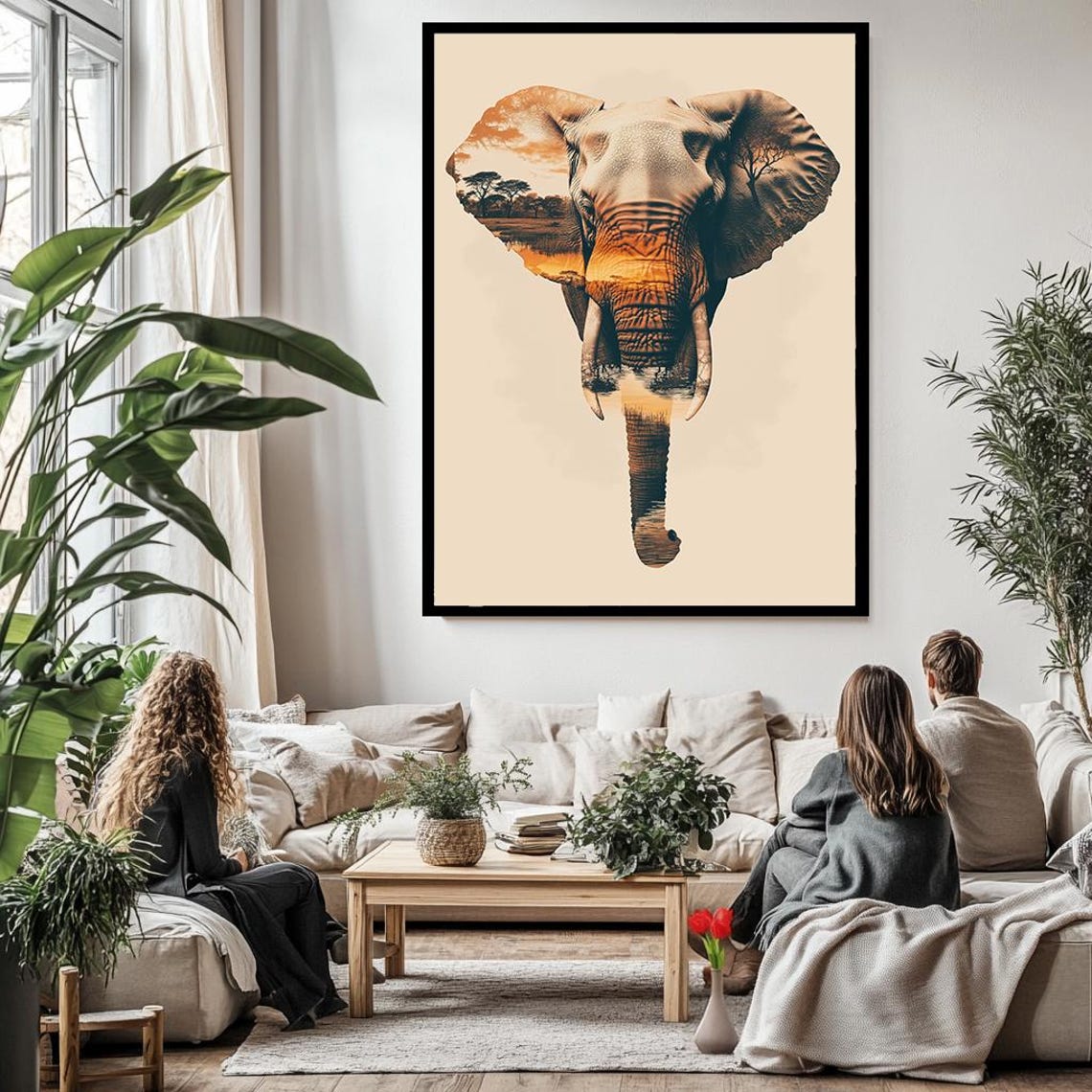 Elephant Double Exposure African Savanna Sunset Wildlife Poster - Image 3