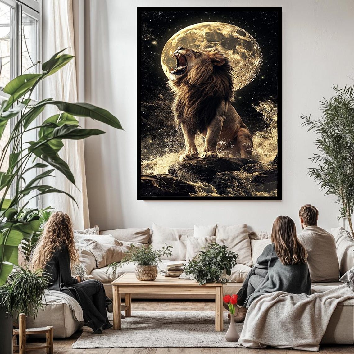 Majestic Roaring Lion Before Giant Full Moon Starry Night Wall Art - Image 3