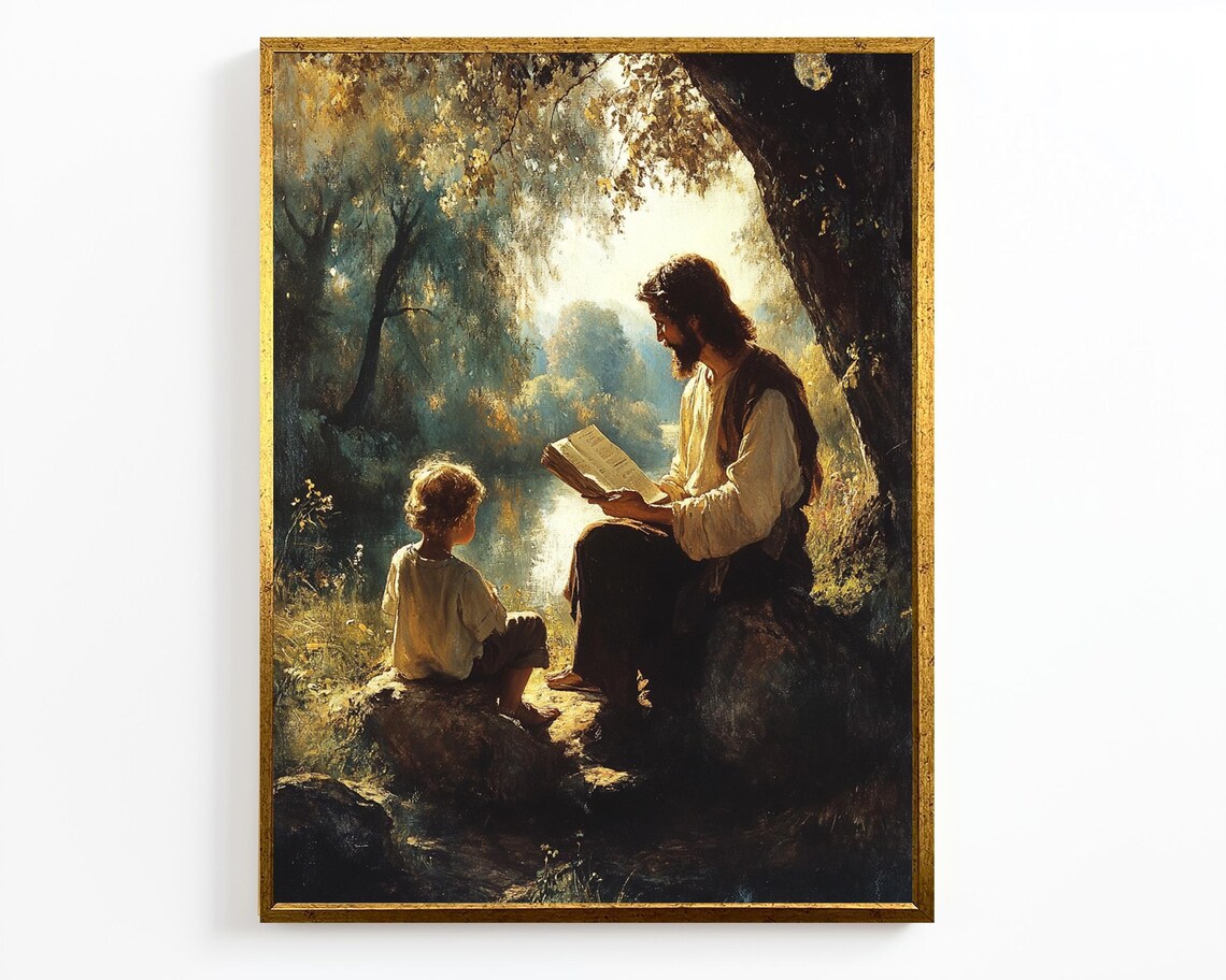Jesus Teaching Child Reading Together In Peaceful Forest Setting Poster - Image 4