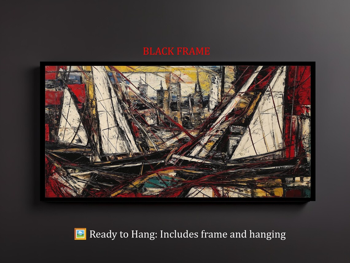 Abstract Red Black Sailboats Bold Nautical Textured Modern Art Poster - Image 2