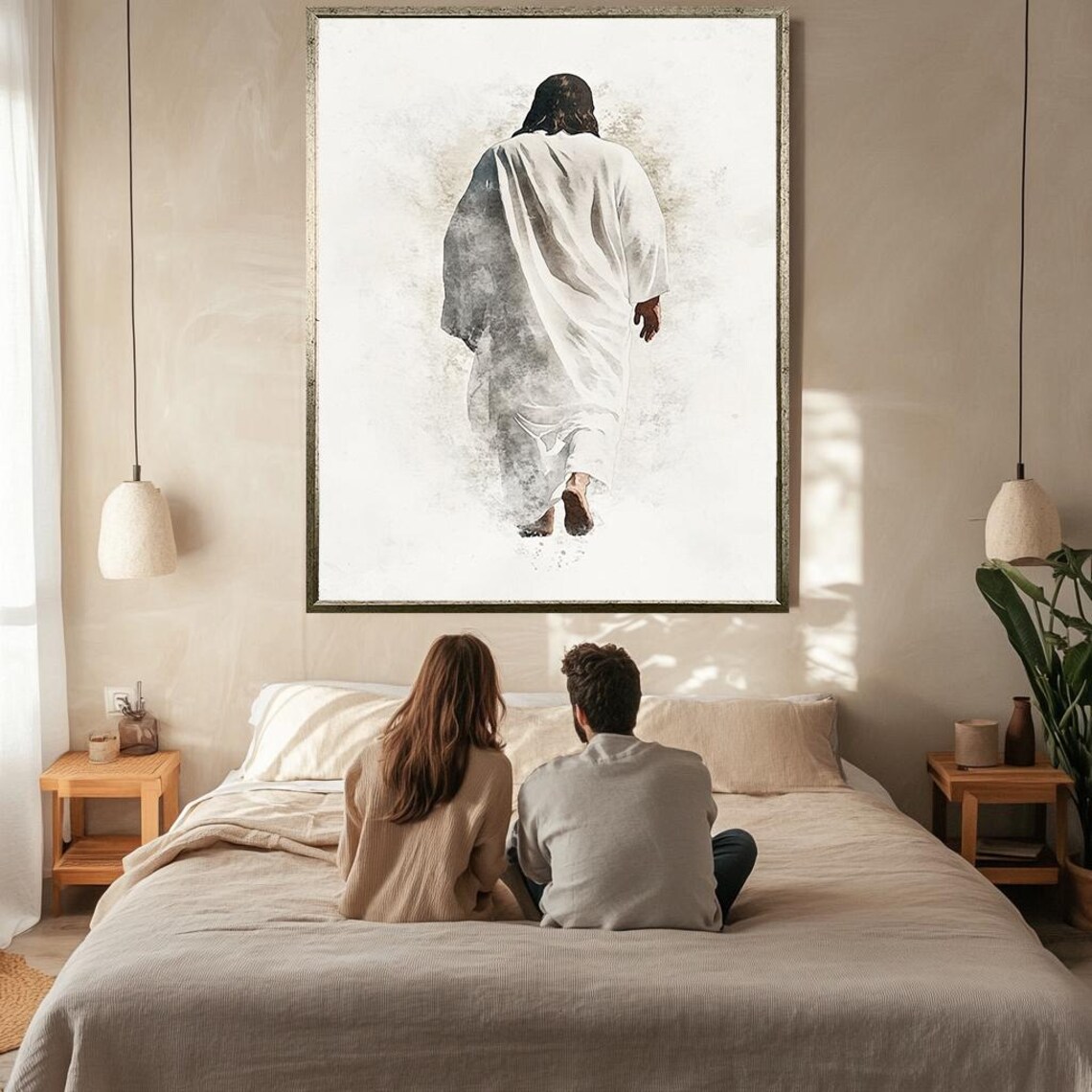 Jesus Walking Away Watercolor White Robe Minimalist White Background Poster - Image 2