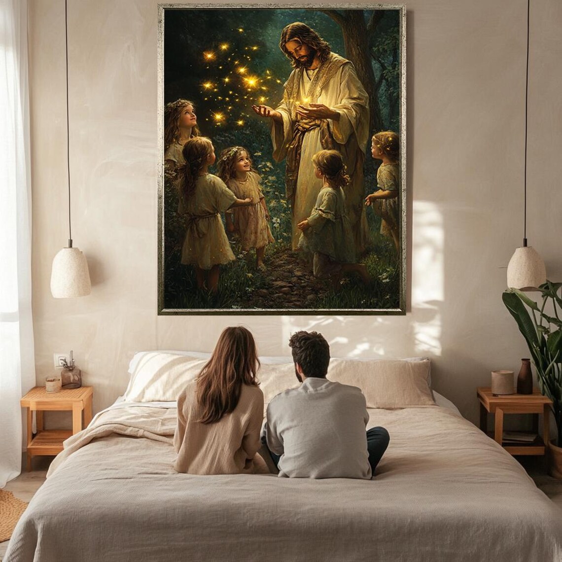 Jesus Sharing Glowing Lights With Children In Dark Forest Night Poster - Image 2