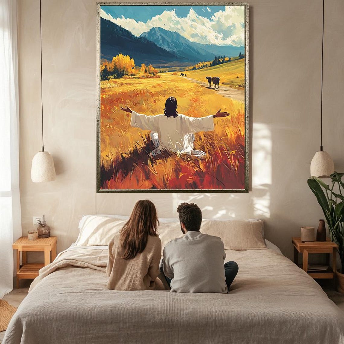 Jesus With Open Arms In Golden Wheat Field Mountain Landscape Poster - Image 2