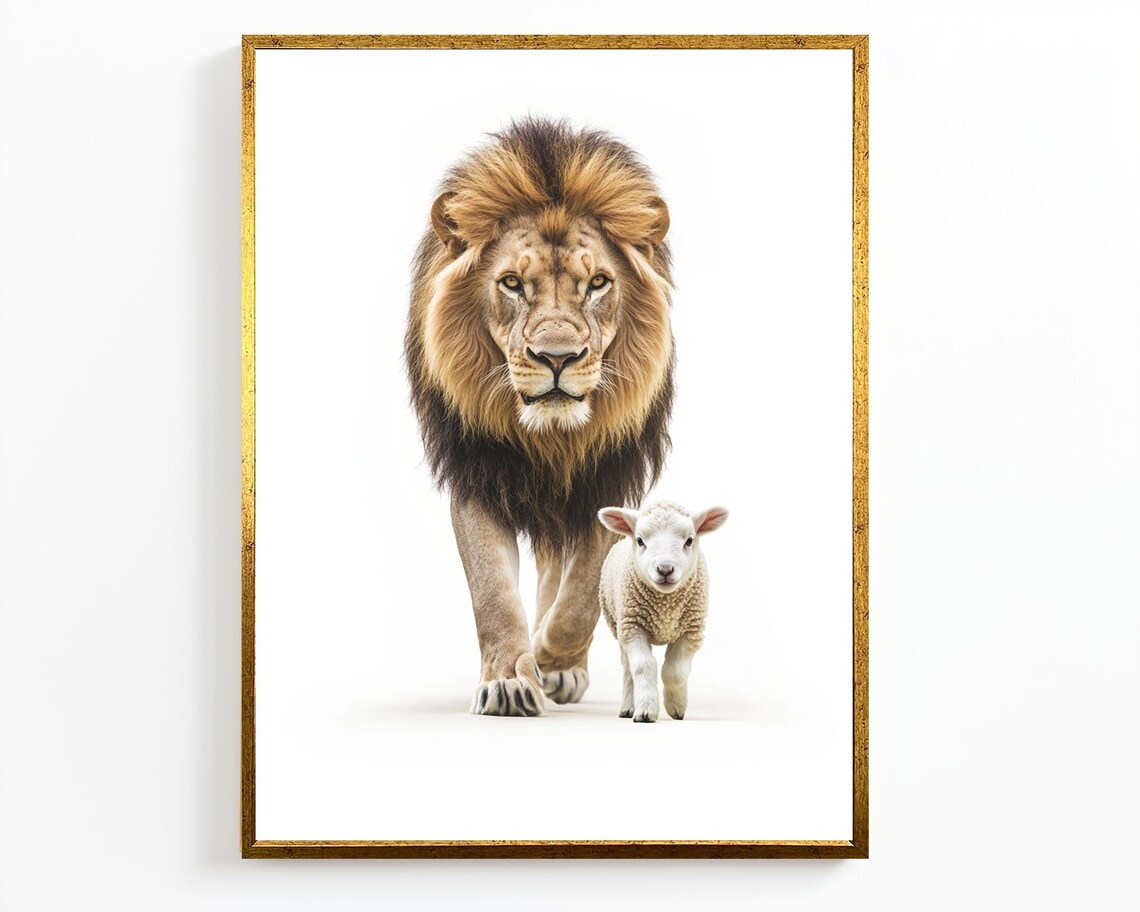 Lion And Lamb Walking Together Minimalist White Background Faith Print - Image 4