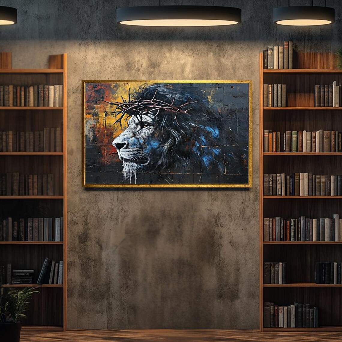 Lion Wall Art Christian Decor Lion With Crown Of Thorns Painting Spiritual Animal Graffiti Mural Religious Street Art Print - Image 3