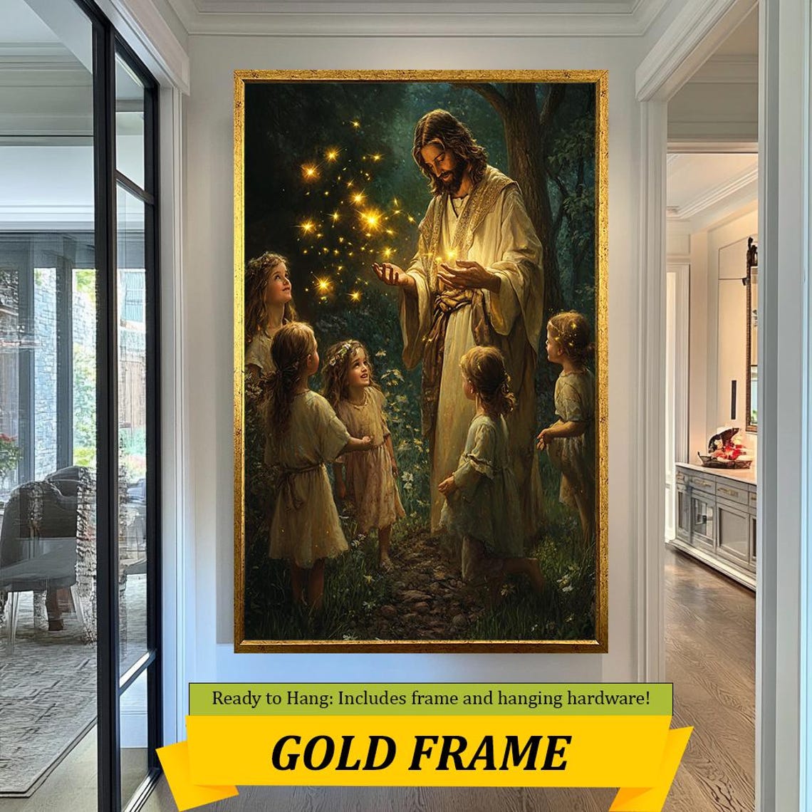 Jesus Sharing Glowing Lights With Children In Dark Forest Night Poster - Image 5