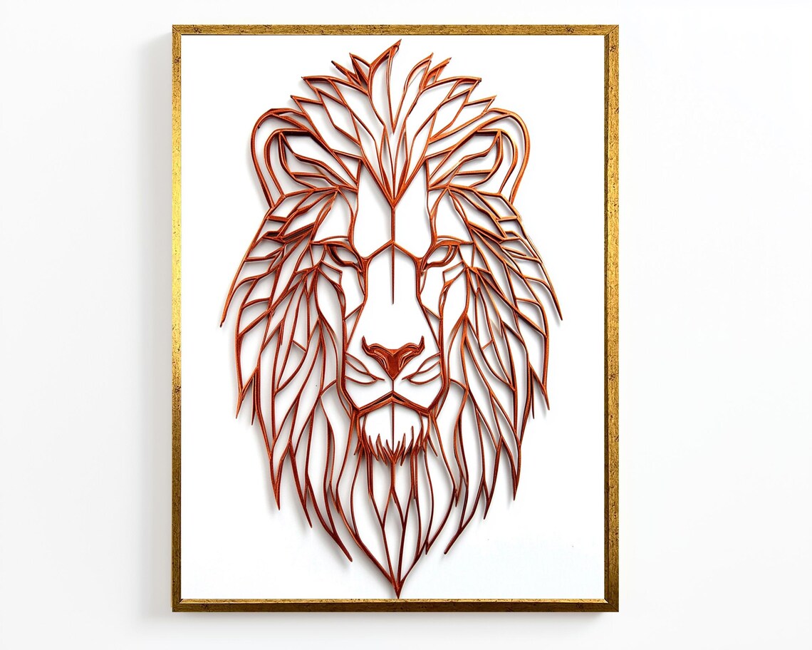 Copper Line Art Lion Head Geometric Modern Minimalist Animal Wall Art - Image 4