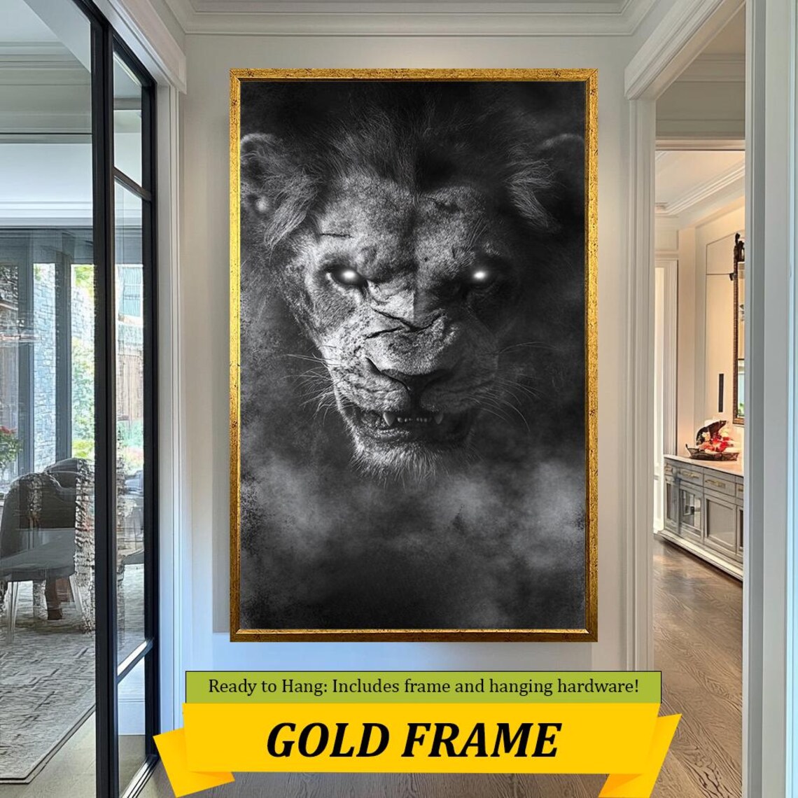 Fierce Black And White Lion Face Close Up Glowing Eyes Smoke Poster - Image 5