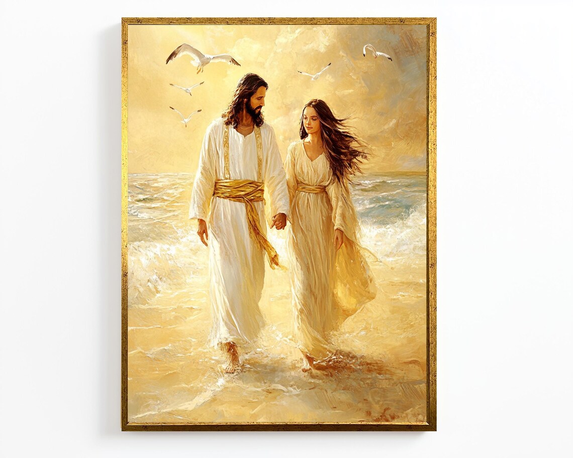 Jesus Walking With Woman On Golden Beach Ocean Waves Seagulls Poster - Image 4