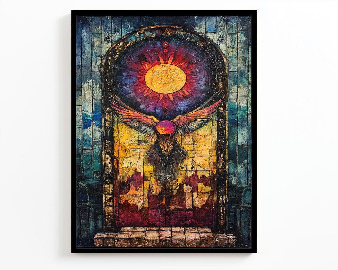 Mystical Sun And Wings Archway Stained Glass Vibrant Mosaic Wall Art - Image 4