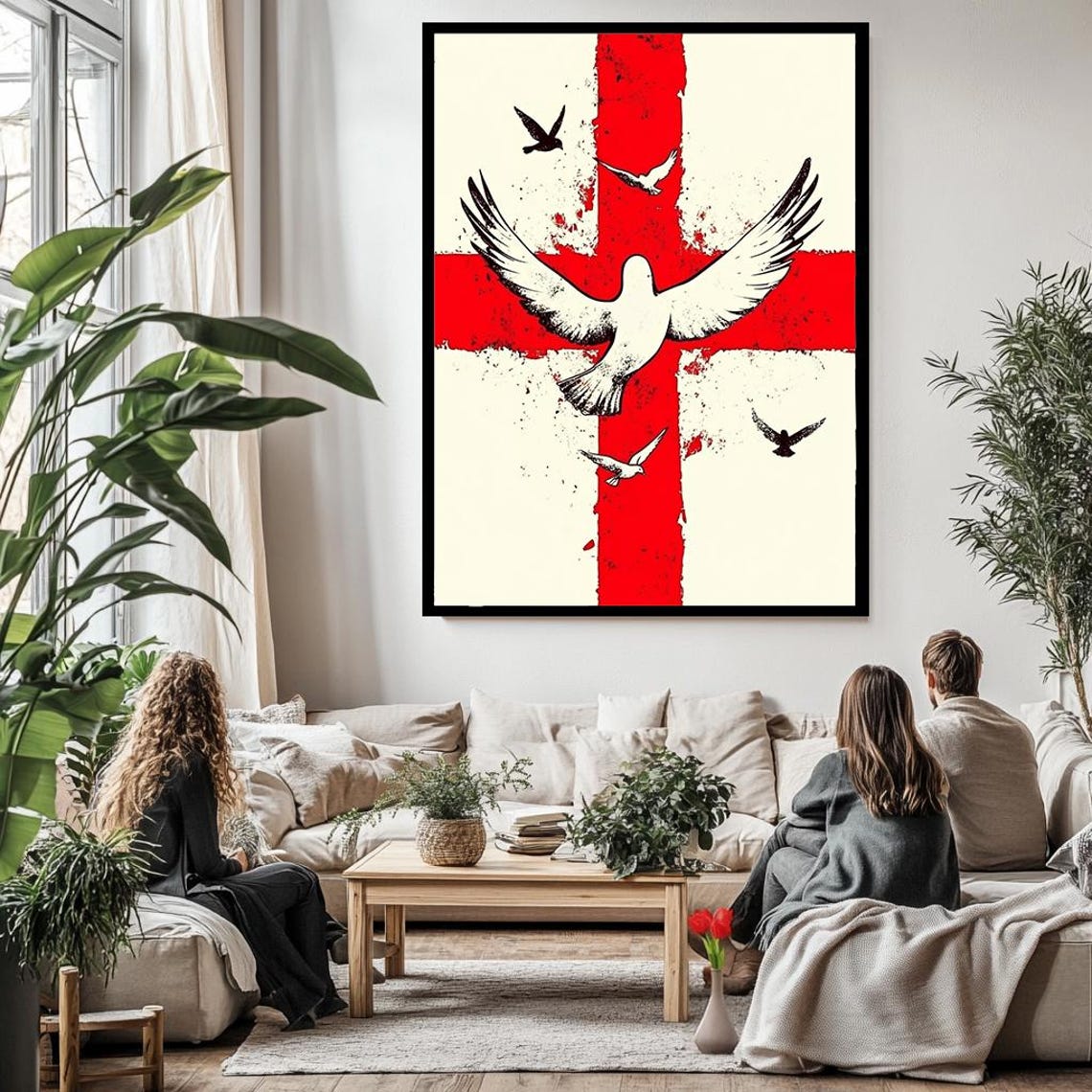 Red Cross White Dove Flying Birds Bold Peace Symbol Art Poster - Image 3