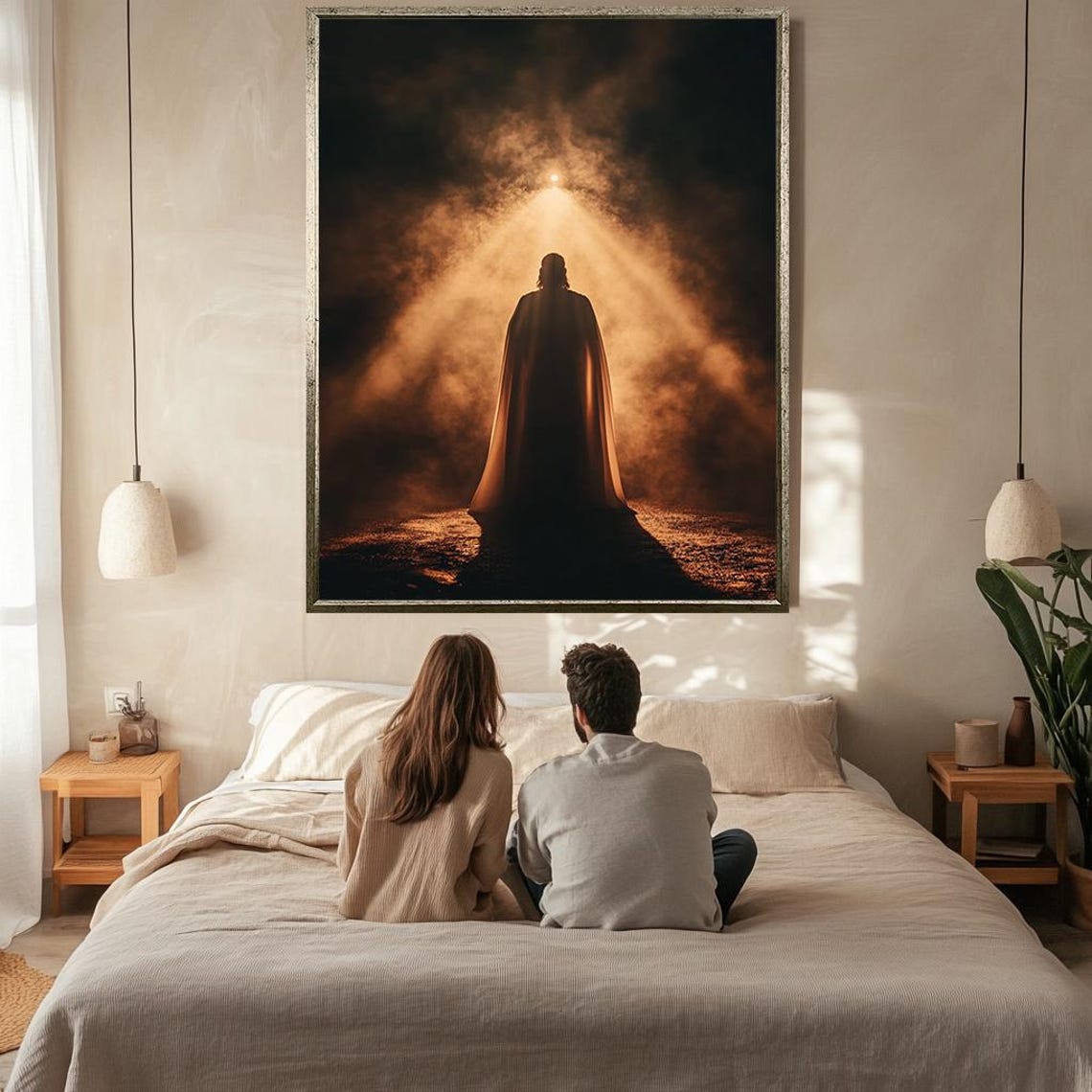 Jesus Silhouette Walking Toward Golden Divine Light Spiritual Poster - Image 2