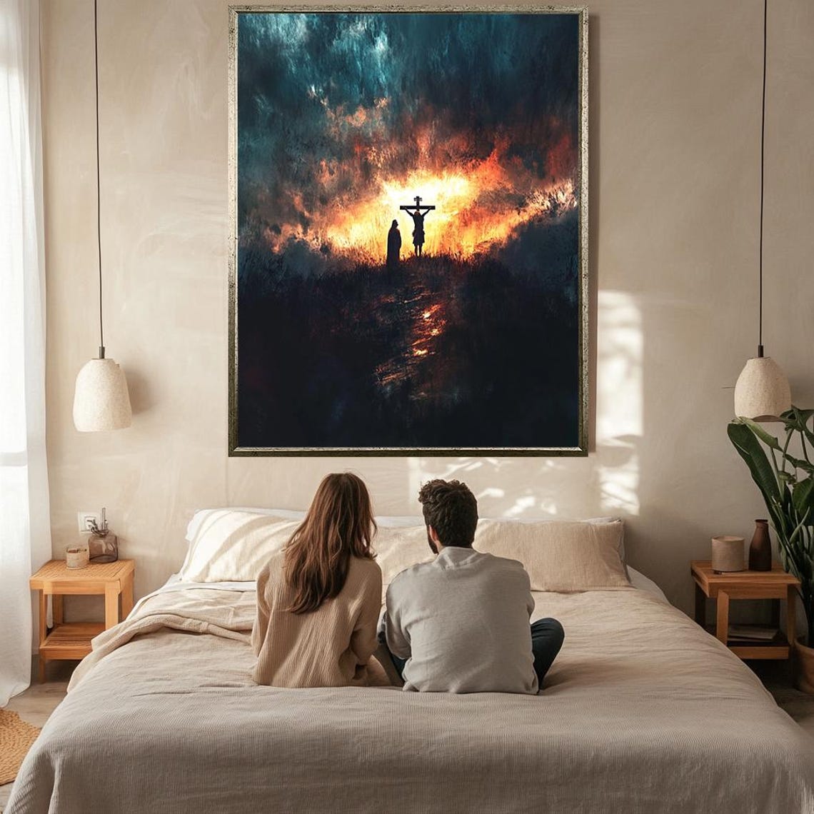 Crucifixion Cross Silhouette Fiery Orange Storm Clouds Night Poster - Image 2