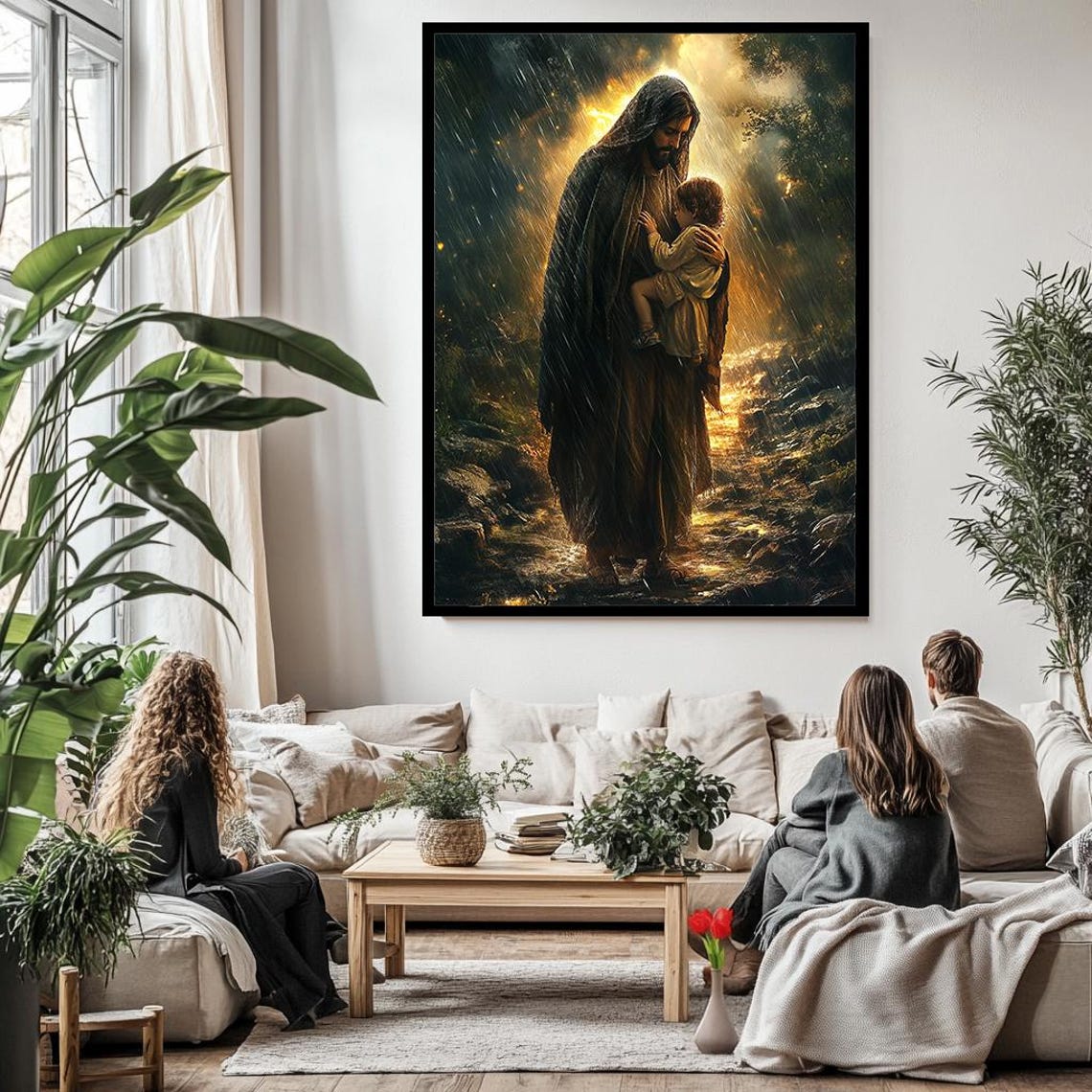 Jesus Protecting Small Child In Rain Golden Divine Light Poster - Image 3