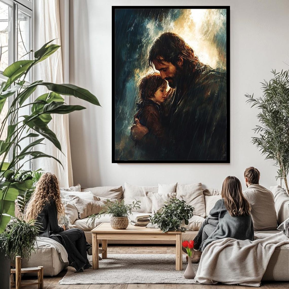 Jesus Embracing Child In Rain Divine Protection Tender Art Poster - Image 3
