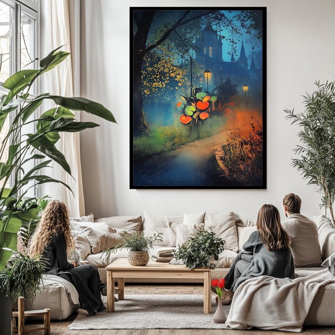 Misty Night Church Street Lamplight Romantic Blue Painting Poster - Image 3