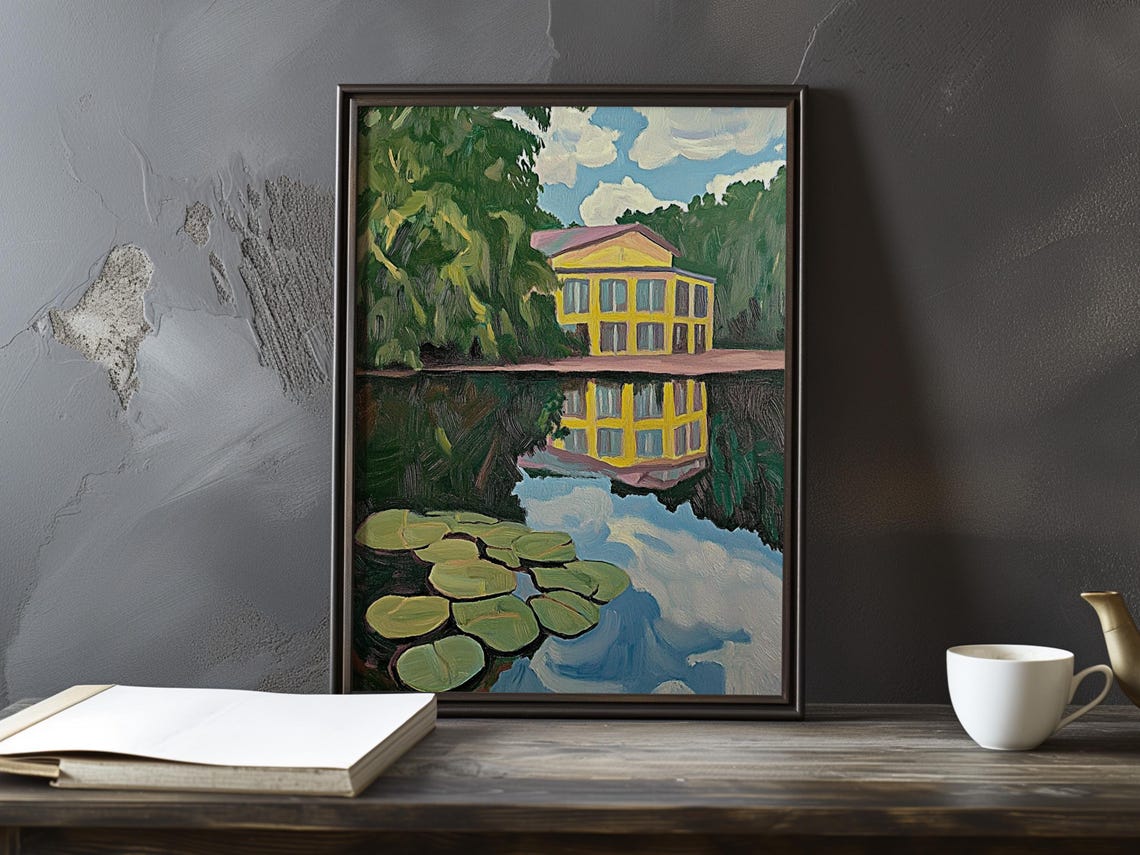 Yellow Lakeside Villa Reflection Lily Pads Impressionist Poster